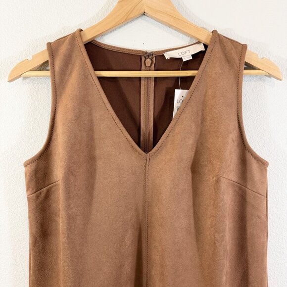 Loft Brown Faux Suede Mini Shift Dress Size 4 V-Neck Casual Spring Boho Preppy - Picture 2 of 11